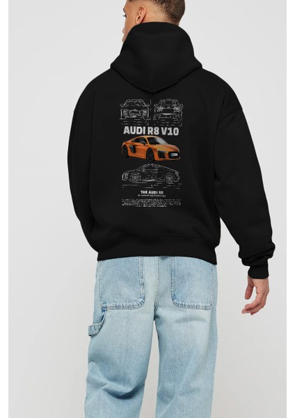 Audi R8 V10 1 Arka Baskılı Hoodie Oversize Kapüşonlu Sweatshirt Erkek Kadın Unisex modelleri
