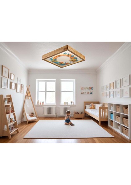 Çocuk Odası 60 x 60 cm Ahşap Çerçeve Avize LED Aydınlatma Plafonyer