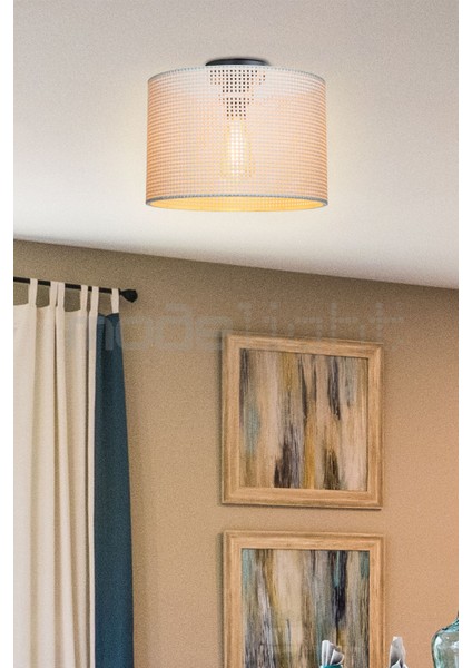 Goza 30 cm Silindir Plafonyer Avize Hasır Beyaz Salon-Oturma-Çocuk-Yemek-Yatak Odası--Antre-Mutfak