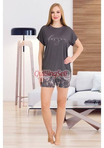 Füme Renk ve Çiçekli Lady 7714 Kadın Pamuk Viskon Likralı Şortlu Pijama Takımı