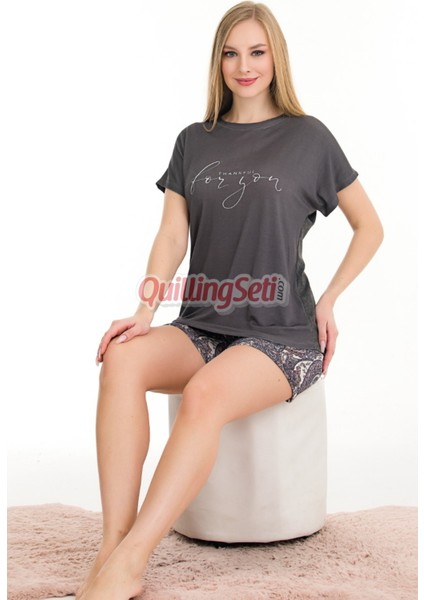 Füme Renk ve Çiçekli Lady 7714 Kadın Pamuk Viskon Likralı Şortlu Pijama Takımı
