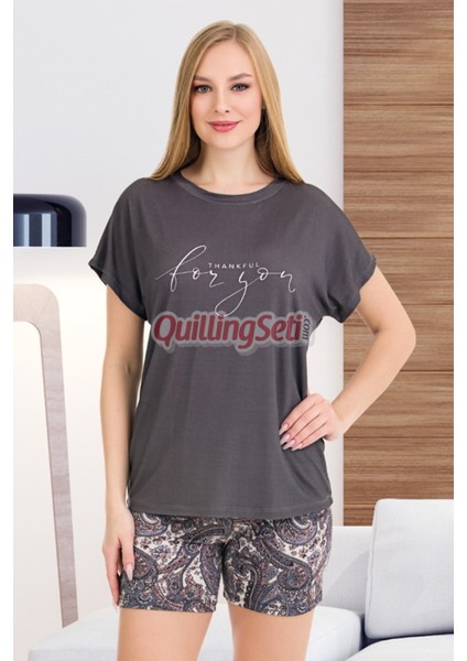 Füme Renk ve Çiçekli Lady 7714 Kadın Pamuk Viskon Likralı Şortlu Pijama Takımı