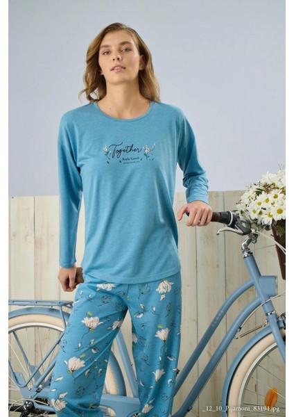 Polyviskon Uzun Kollu Mavi Pijama Takımı - 7300