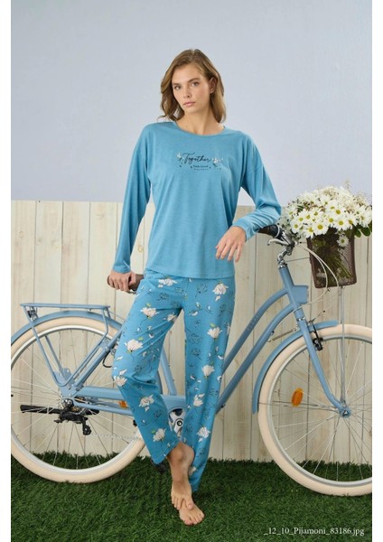 Polyviskon Uzun Kollu Mavi Pijama Takımı - 7300