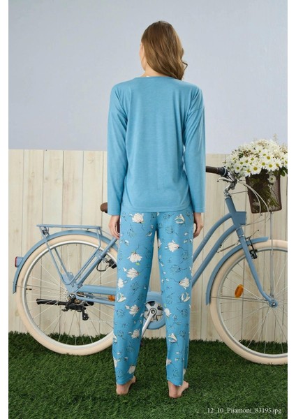 Polyviskon Uzun Kollu Mavi Pijama Takımı - 7300
