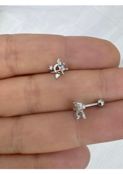 Çelik Yıldız Detaylı 1 Adet Tragus Helix Lobe Kıkırdak Uyumlu Piercing Küpe