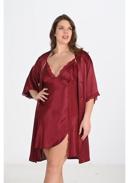 MOTTO10 Butik Büyük Beden 2li Bordo Sabahlık Takımı Bigsize fiyatları