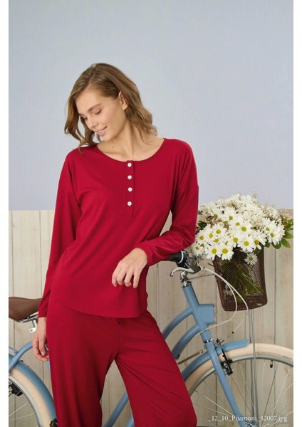 Dublin Kumaş Uzun Kollu Kırmızı Pijama Takımı - 5315