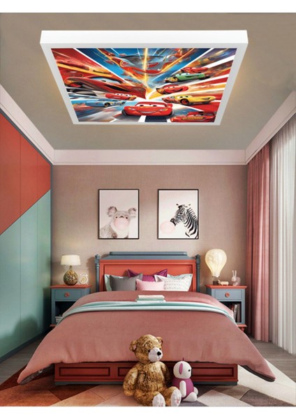 Şimşek Mcqueen Avize, 60 x 60 Çocuk Odası Avize, 60WATT, Estetik Kare, Yapay Zeka Tasarım Avize, Pist