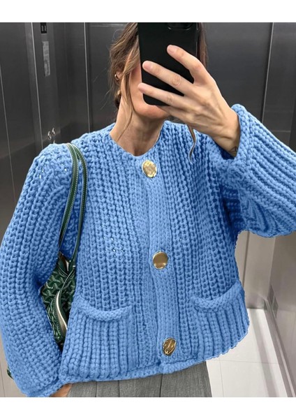 Zr Model Bebe Mavisi Gold Düğmeli Triko Hırka