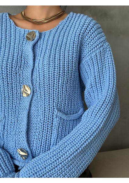 Zr Model Bebe Mavisi Gold Düğmeli Triko Hırka