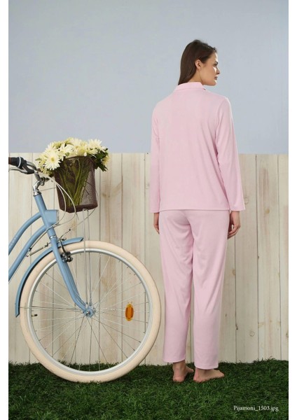 Dublin Kumaş Gömlek Yaka Uzun Kol Pembe Pijama Takımı - 5330