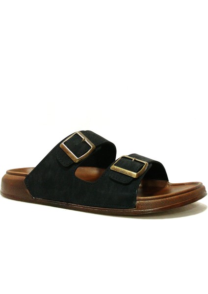 Siyah Kahverengi Çift Tokalı Anatomik Comfort Terlik