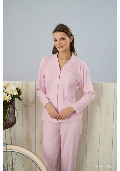 Dublin Kumaş Gömlek Yaka Uzun Kol Pembe Pijama Takımı - 5330