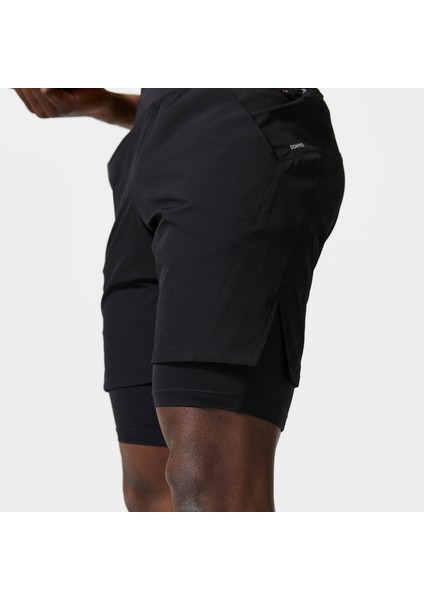 Erkek 2'si 1 Arada Spor Şortu - Fermuarlı Cep - Siyah - 500 Beden: Xl ,