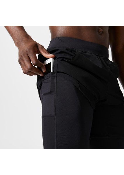 Erkek 2'si 1 Arada Spor Şortu - Fermuarlı Cep - Siyah - 500 Beden: Xl ,