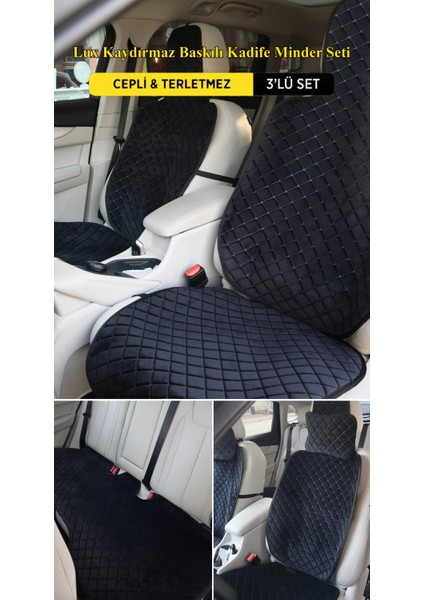 Lüx Kadife & Terletmez Baskılı Kaydırmaz Oto Koltuk Minder Seti - Koltuk Kılıfı-Siyah Renk(3 Lü Set)