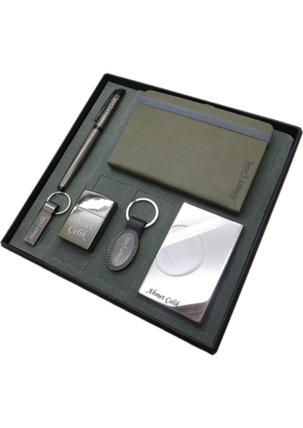 ® Vivere | Kişiye Özel Set - 128 Gb. USB Bellek + Not Defteri + Titanyum Çakmak + Roller Kalem + Titanyum Anahtarlık ve Krom Kartvizitlik | Isme Özel Hediyelik Set