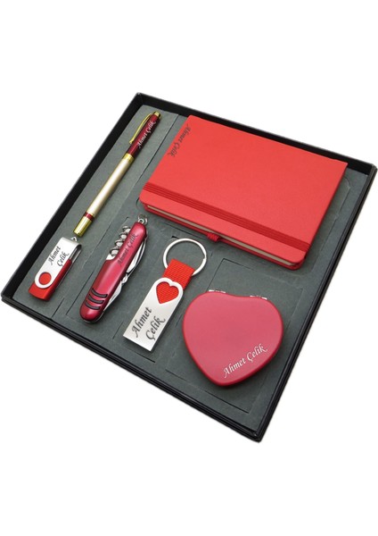 ® Gratia | Kişiye Özel Set - 32 Gb. USB Bellek + Not Defteri + Çok Fonksiyonlu Çakı + Roller Kalem + Kalpli Anahtarlık ve Kalpli El Aynası | Isme Özel Hediyelik Set