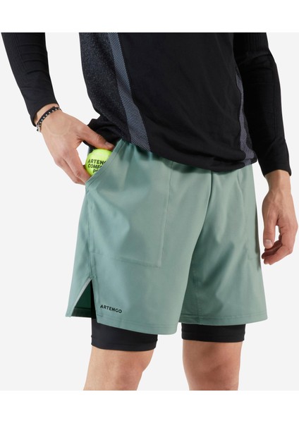 Erkek 2'si 1 Arada Tenis Şortu - Yeşil/siyah - Artengo Thermic Beden: M ,