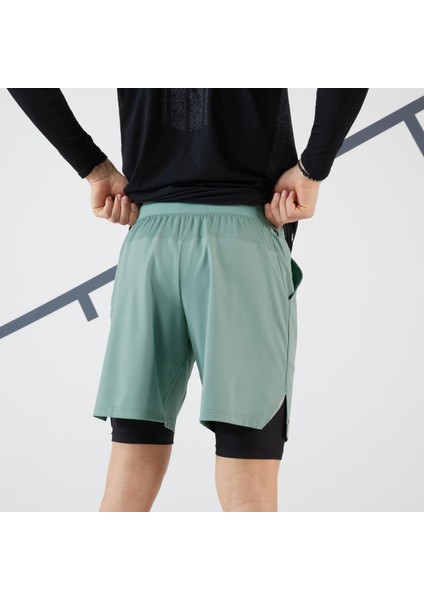 Erkek 2'si 1 Arada Tenis Şortu - Yeşil/siyah - Artengo Thermic Beden: M ,