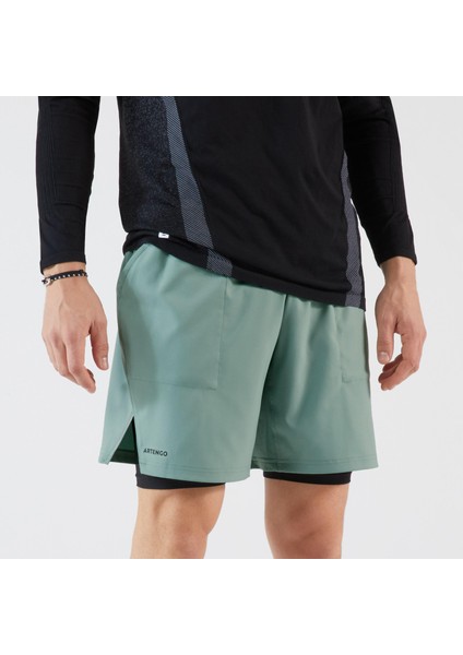 Erkek 2'si 1 Arada Tenis Şortu - Yeşil/siyah - Artengo Thermic Beden: M ,