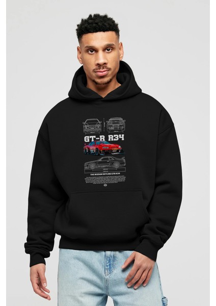 Nıssan Gt-R R34 Red Ön Baskılı Hoodie Oversize Kapüşonlu Sweatshirt Erkek Kadın Unisex