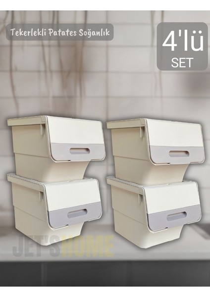 4’lü Tekerlekli Patateslik Soğanlık BPA Free Erzak Kutusu Oyuncaklık Sebzelik Krem 48 Litre