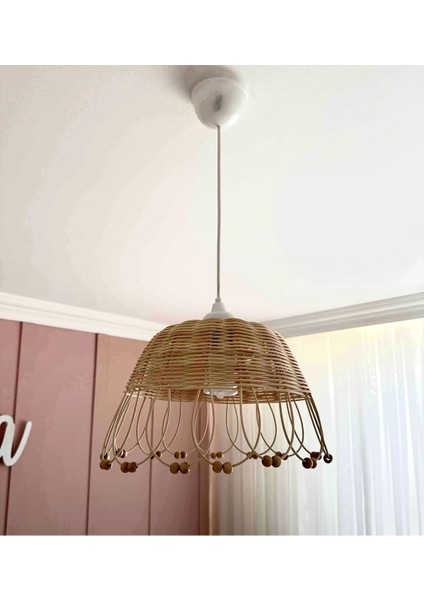 Bebek/çocuk Odası Rattan Avize Bambu Boncuklu Avize 35 cm (Beyaz Duy)