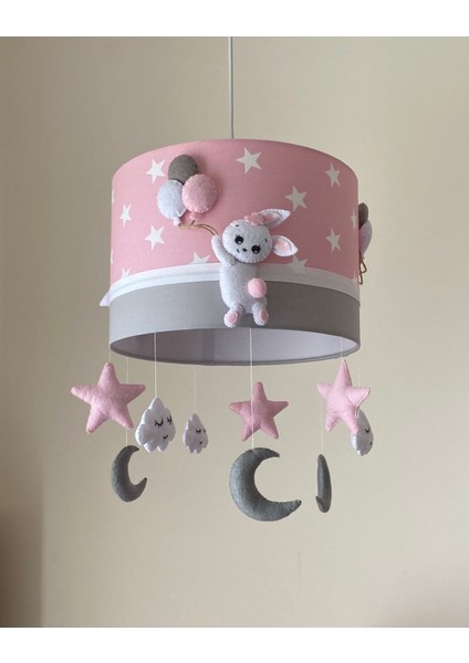 Pembe Yıldızlı Tavşan Figürlü Kız Bebek Çocuk Odası Avize