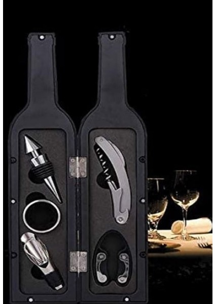 5 Parça Çelik Şişe Açacağı Seti Dekoratif Kılıf ile Şık Hediye Seti , Wine Opener Gift Set