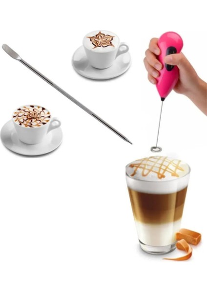 Latte Yapım Seti 2li Latte Art Kalemi Çubuğu ve Kahve Süt Köpürtücü Pilli Kahve Köpürtme Aparatı