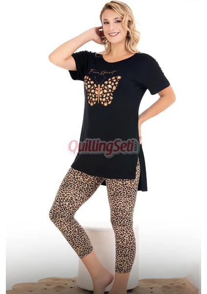 Siyah Renk ve Leopar Desenli Pamuklu Kadınların Tercihi Lady 12073 Kapri ve Taytlı Pijama Takımı