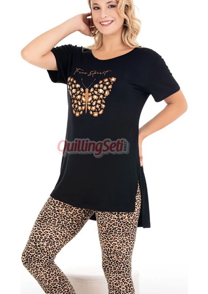 Siyah Renk ve Leopar Desenli Pamuklu Kadınların Tercihi Lady 12073 Kapri ve Taytlı Pijama Takımı