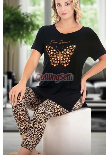 Siyah Renk ve Leopar Desenli Pamuklu Kadınların Tercihi Lady 12073 Kapri ve Taytlı Pijama Takımı