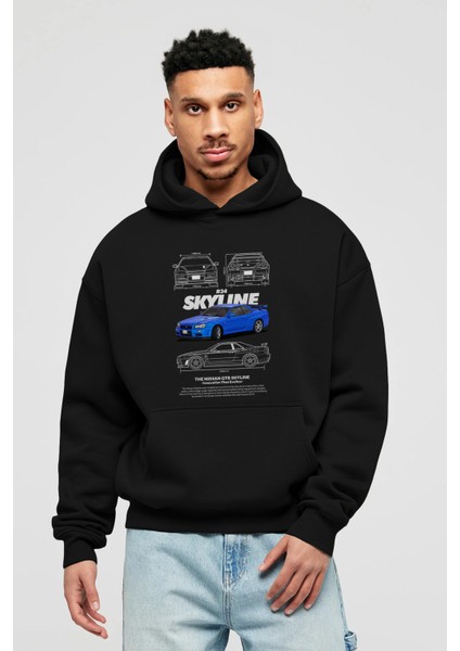 Nıssan Gtr Skylıne R34 1 Ön Baskılı Hoodie Oversize Kapüşonlu Sweatshirt Erkek Kadın Unisex