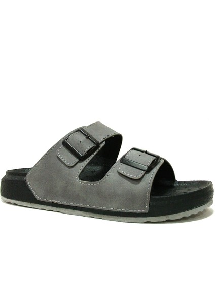 Gri Siyah Çift Tokalı Soft Anatomik Comfort Terlik