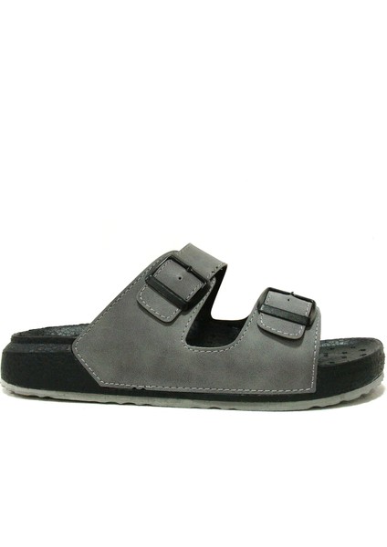 Gri Siyah Çift Tokalı Soft Anatomik Comfort Terlik