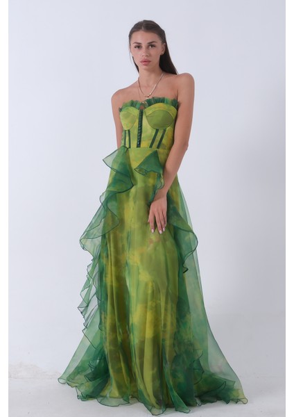 Fıstık Straplez Yaka Yırtmaçlı Eteği Fırfırlı Abiye 9705163.22 fırsatları