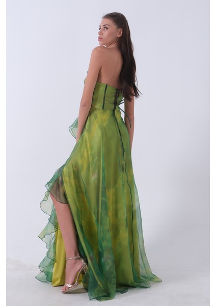 Fıstık Straplez Yaka Yırtmaçlı Eteği Fırfırlı Abiye 9705163.22 indirimleri