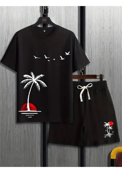Büyük Beden Özel Tasarım Palmiye Martılar Baskılı Kısa Kollu Yazlık Erkek T-Shırt Bermuda Şort Takımı