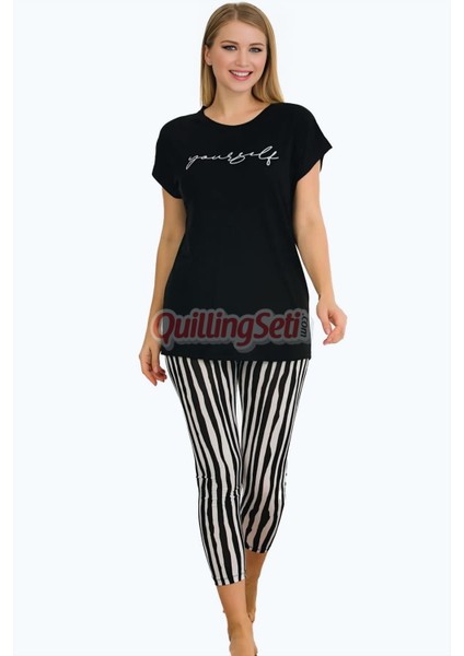 Siyah Renk ve Çizgi Desenli Pamuklu Kadınların Tercihi Lady 12054 Kapri ve Taytlı Pijama Takımı