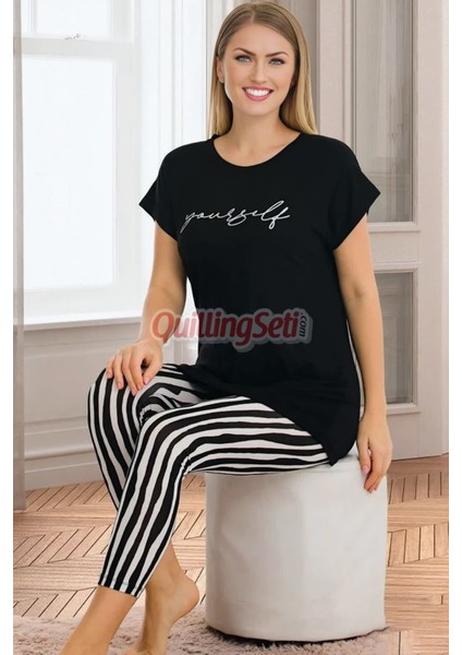 Siyah Renk ve Çizgi Desenli Pamuklu Kadınların Tercihi Lady 12054 Kapri ve Taytlı Pijama Takımı