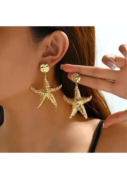 Büyük Deniz Yıldızı Tasarımlı Sallantı Küpe Altın Kaplama modelleri