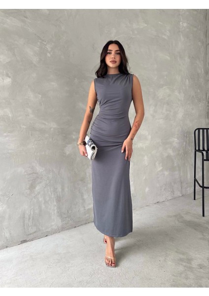 Butik Kolsuz Yırtmaçlı Uzun Maxı Boy Elbise - Gri