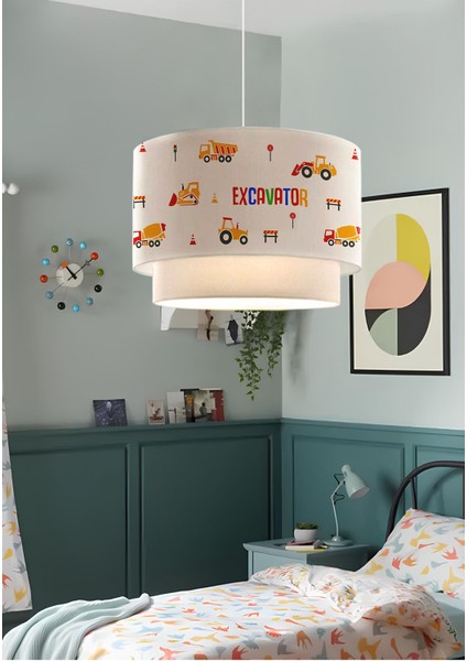 Homing kids kumaş baskılı çocuk odası sarkıt avize ınşaat makineleri desenli