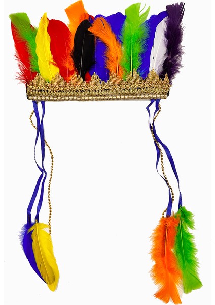 Rengarenk Tüylerle İşlenmiş Lastikli Kızılderili Başlığı