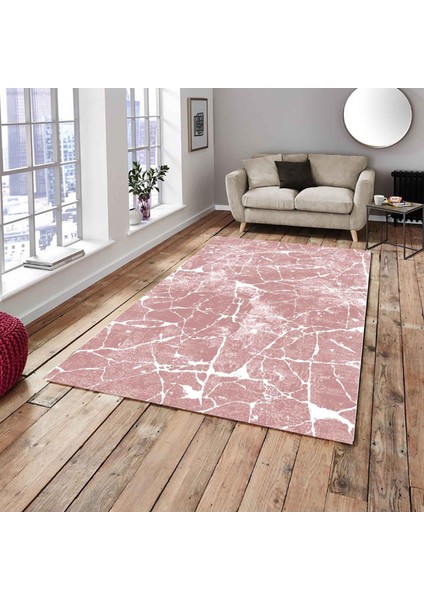 Pembe Mermer Model Ipek Kadife Lastikli Halı Örtüsü