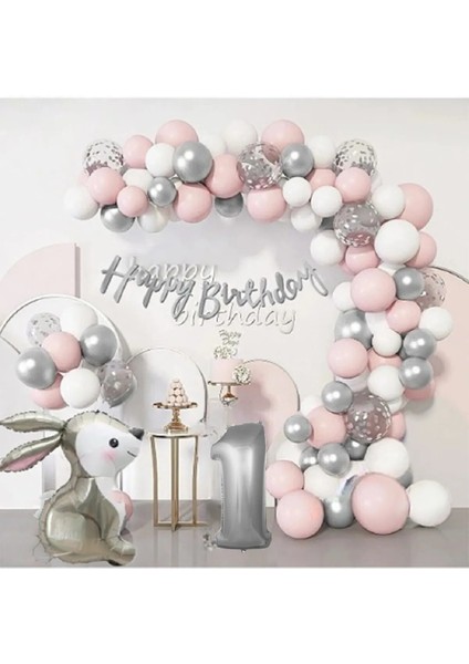 Gümüş pembe lüks 1 yaş tavşan folyo doğum günü süsü doğum günü parti balon zincir set