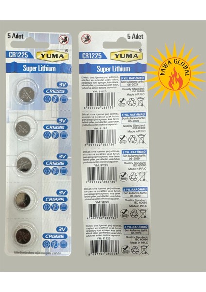 Düğme Pil CR1225 3V 5 Adet Yuma Pil